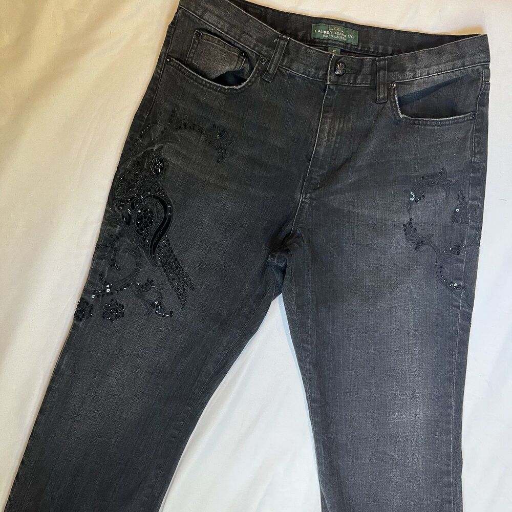 Ralph Lauren Women’s Black Jeans Sz 12 32x31 Embellished Straight Leg High Rise